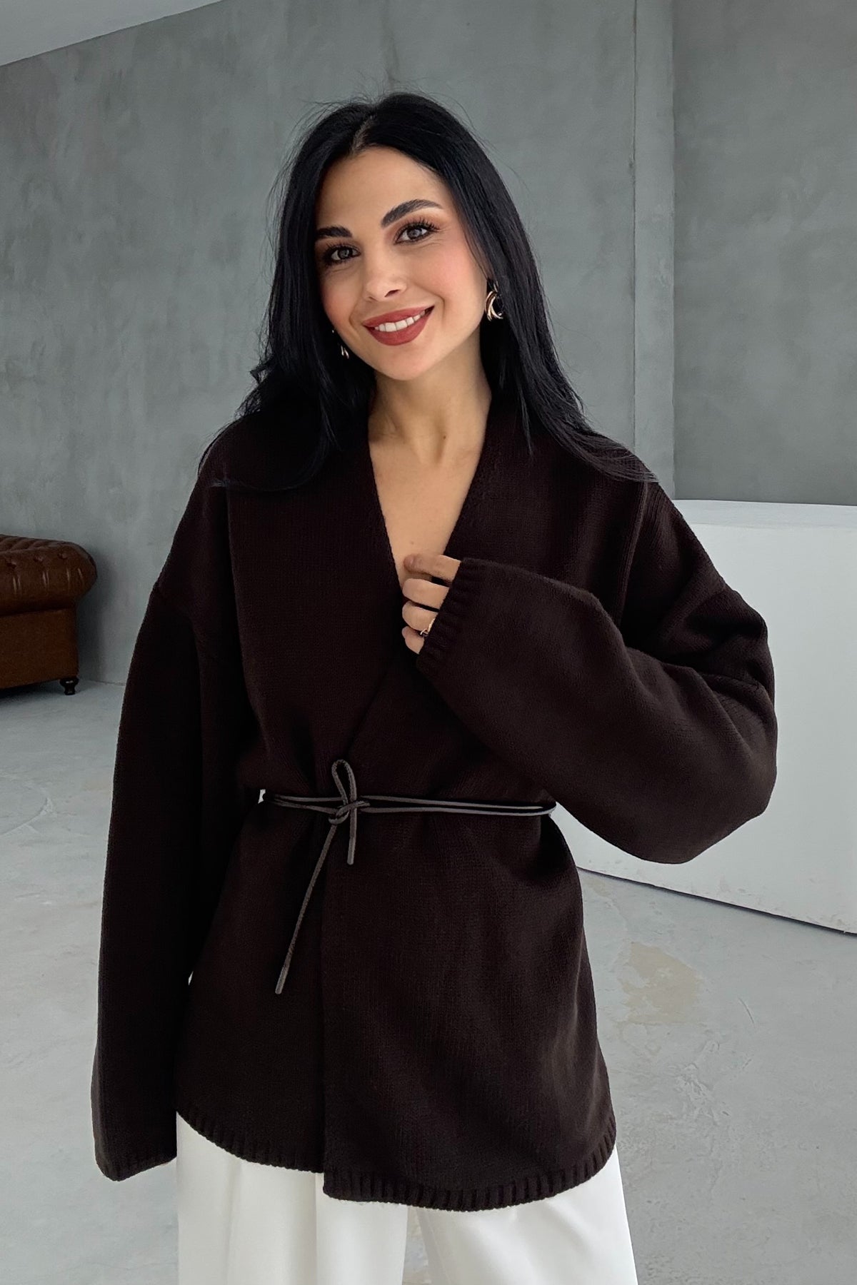 Kahve Deri Kemerli Triko Hırka SY-3405-Kahve