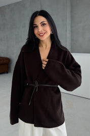 Kahve Deri Kemerli Triko Hırka SY-3405-Kahve