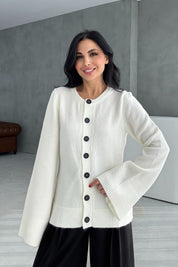 Düğme Detaylı Ekru Triko Hırka SY-3418-Ekru