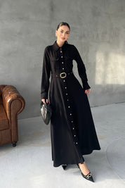 Siyah Kemerli Düğme Detay Uzun Elbise SY-2944-Siyah