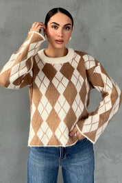 Camel Baklava Desen Kısa Triko Kazak SY-2793-Camel