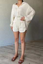 Bej Modern Kargo Cep Detaylı Şort Gömlek Takım SY-2332-Bej