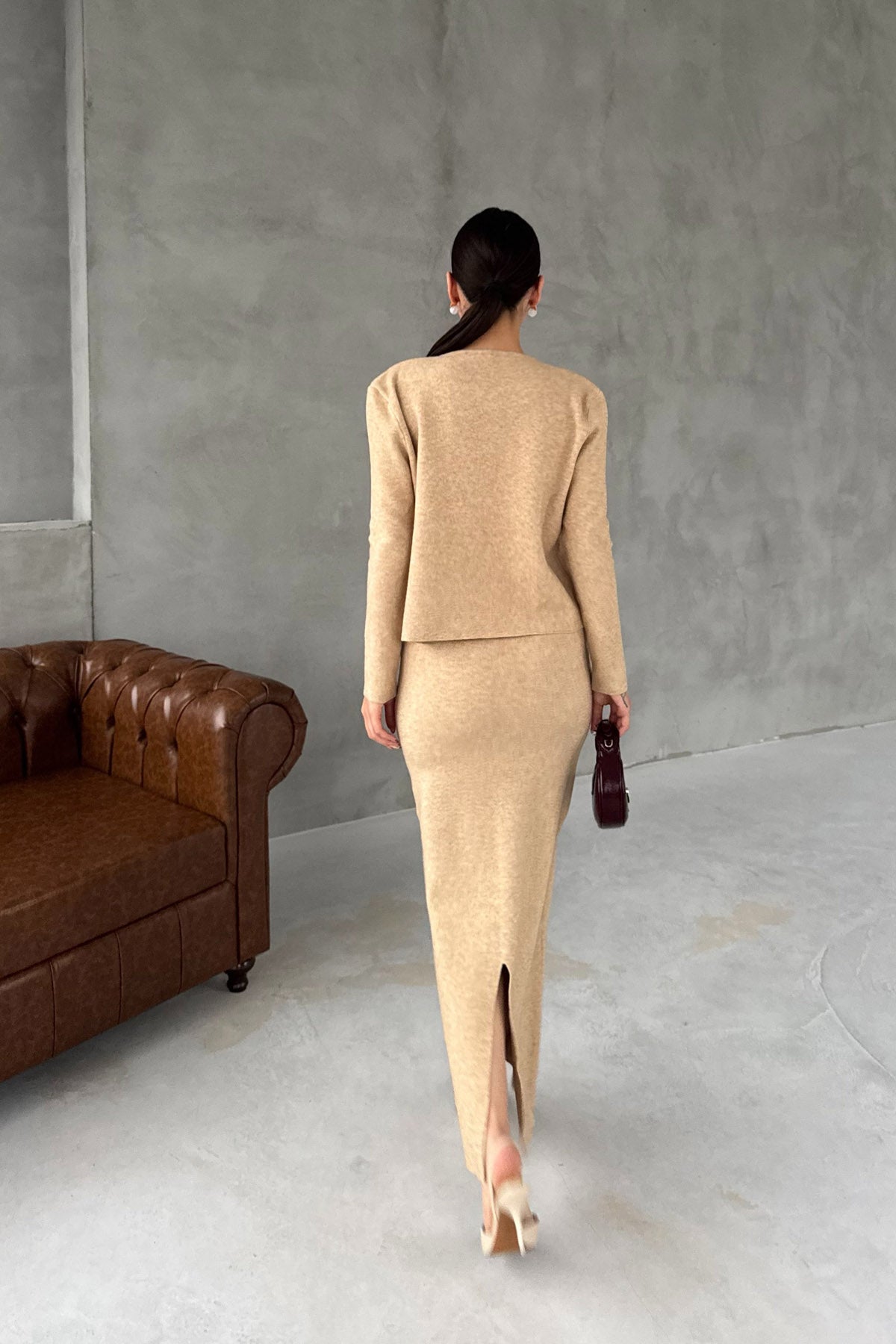 Bej Triko Önü Taş Detaylı Üçlü Takım SY-2433-Taş