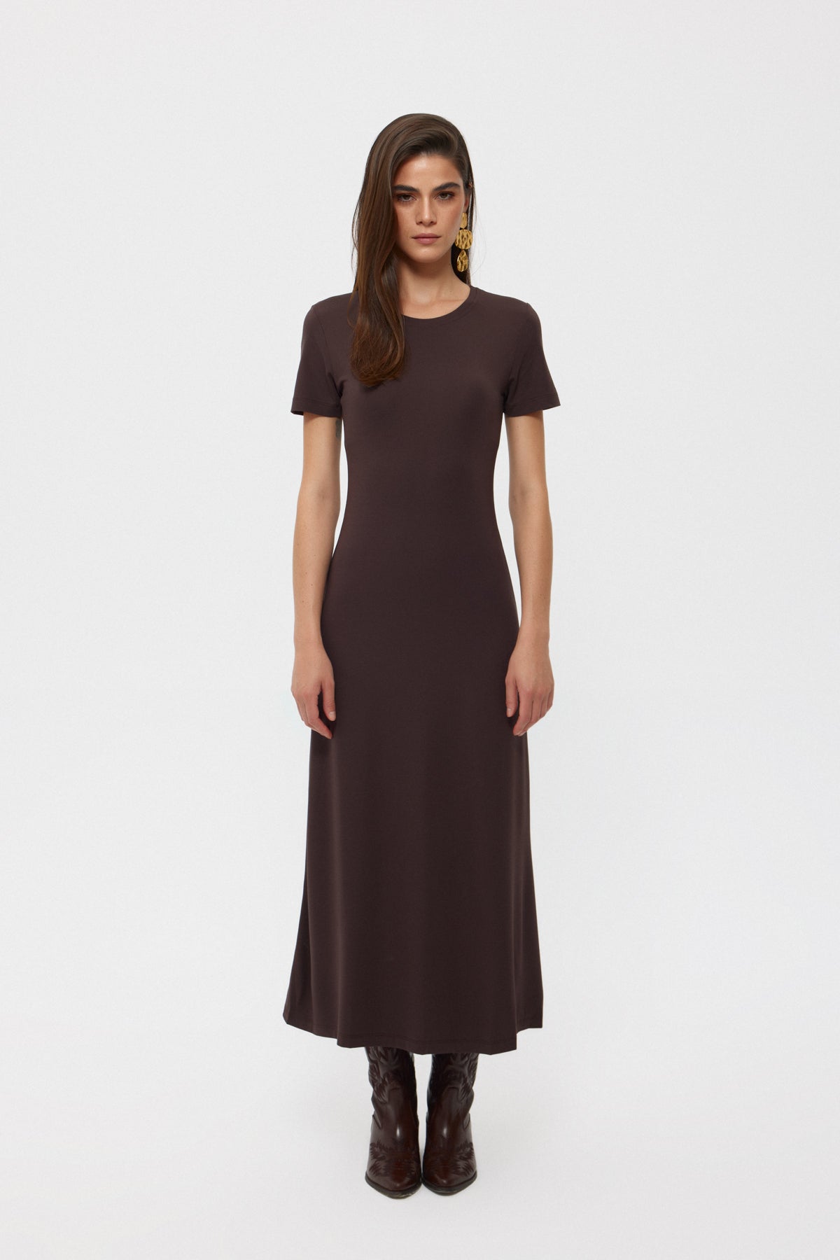 Koyu Kahve Basıc Uzun Elbise SY-2392-Koyu Kahve