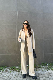 Önü Pileli Bej Palazzo  Pantolon SY-1605-Bej