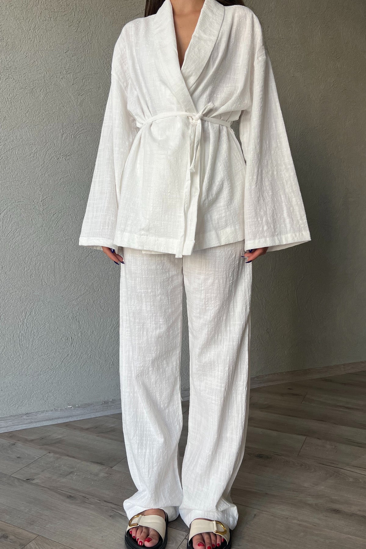 Ekru Önü Bağlama Detaylı Kimono Pantolon Keten Takım SY-2047-Ekru