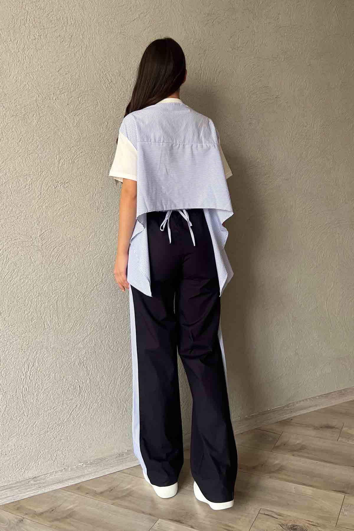 Mavi Çizgili Garnili Poplin Bluz ve Pantolon Takım SY-2016-Mavi