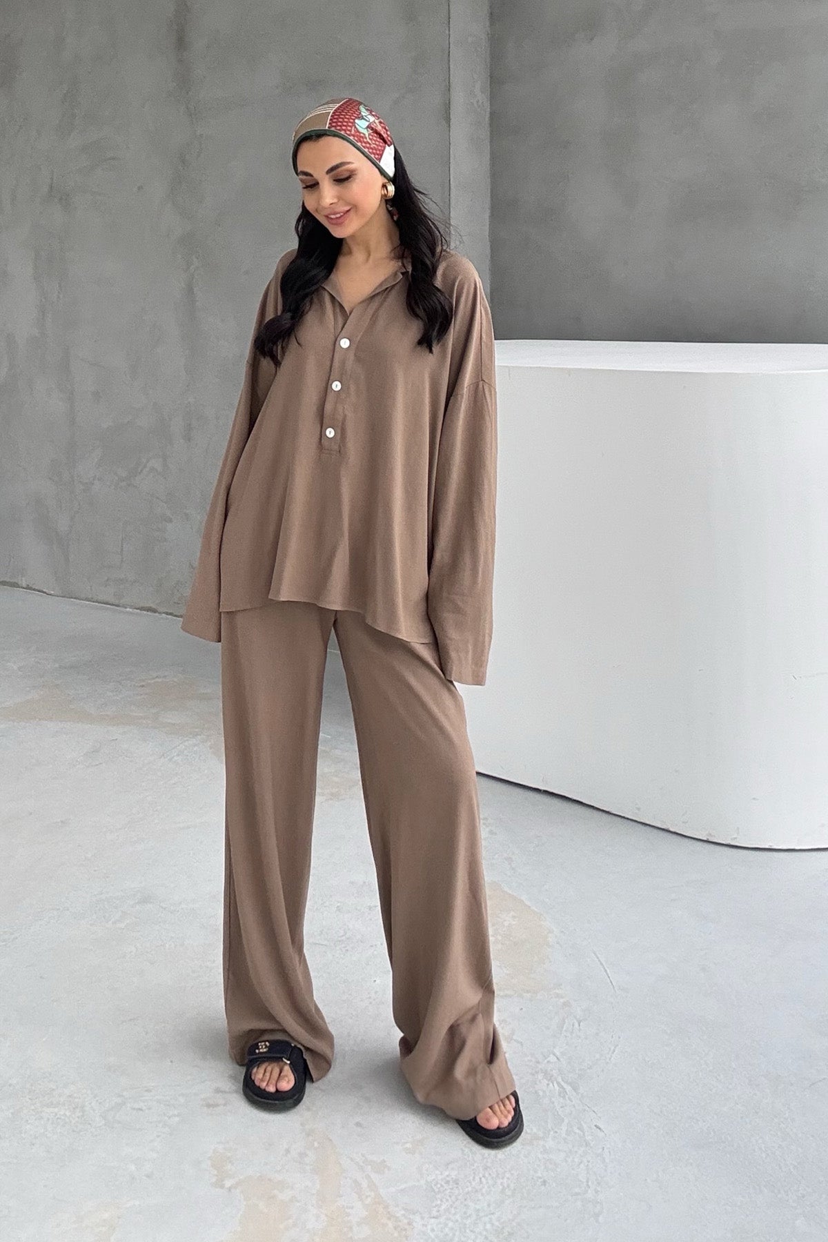 Kahverengi Keten Polo Yaka Gömlek Pantolon Takım SY-3118-Kahverengi