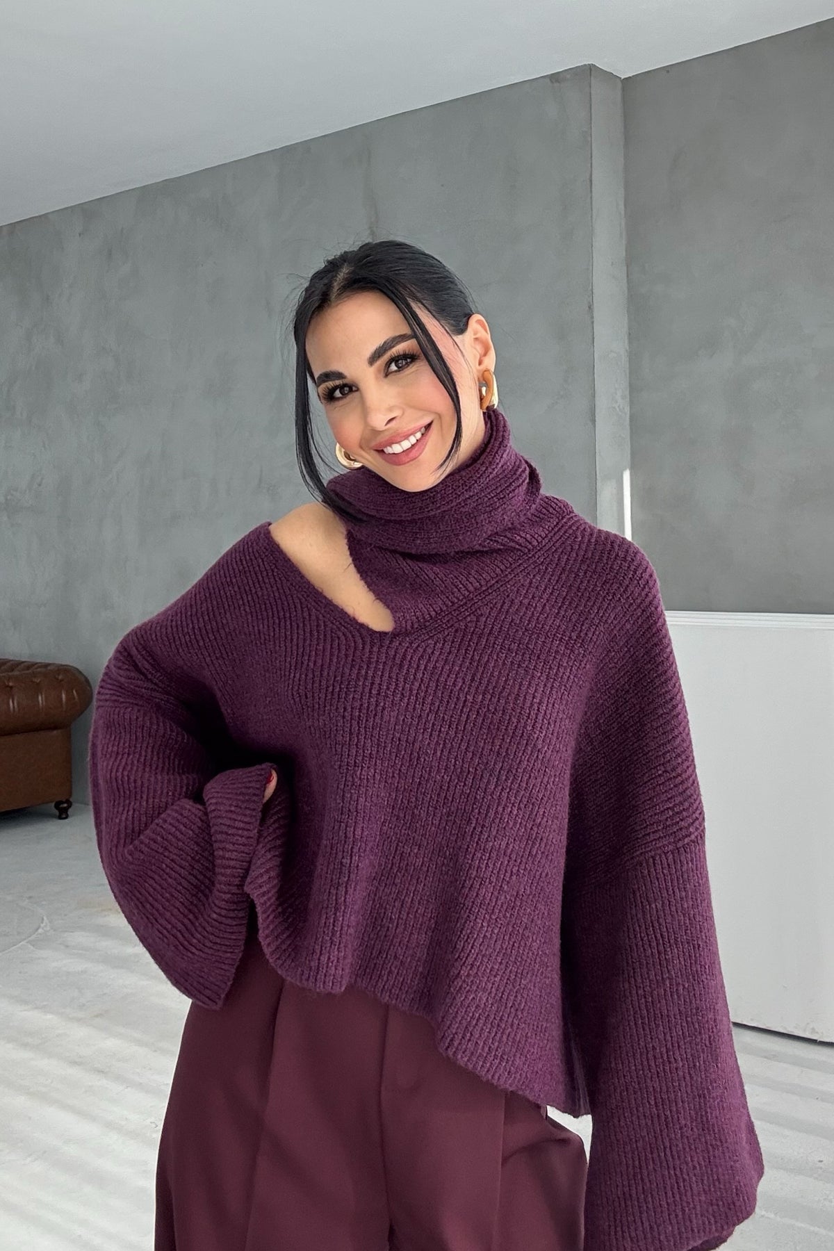 Mürdüm Şal Detaylı Triko Kazak SY-3427-Mürdüm