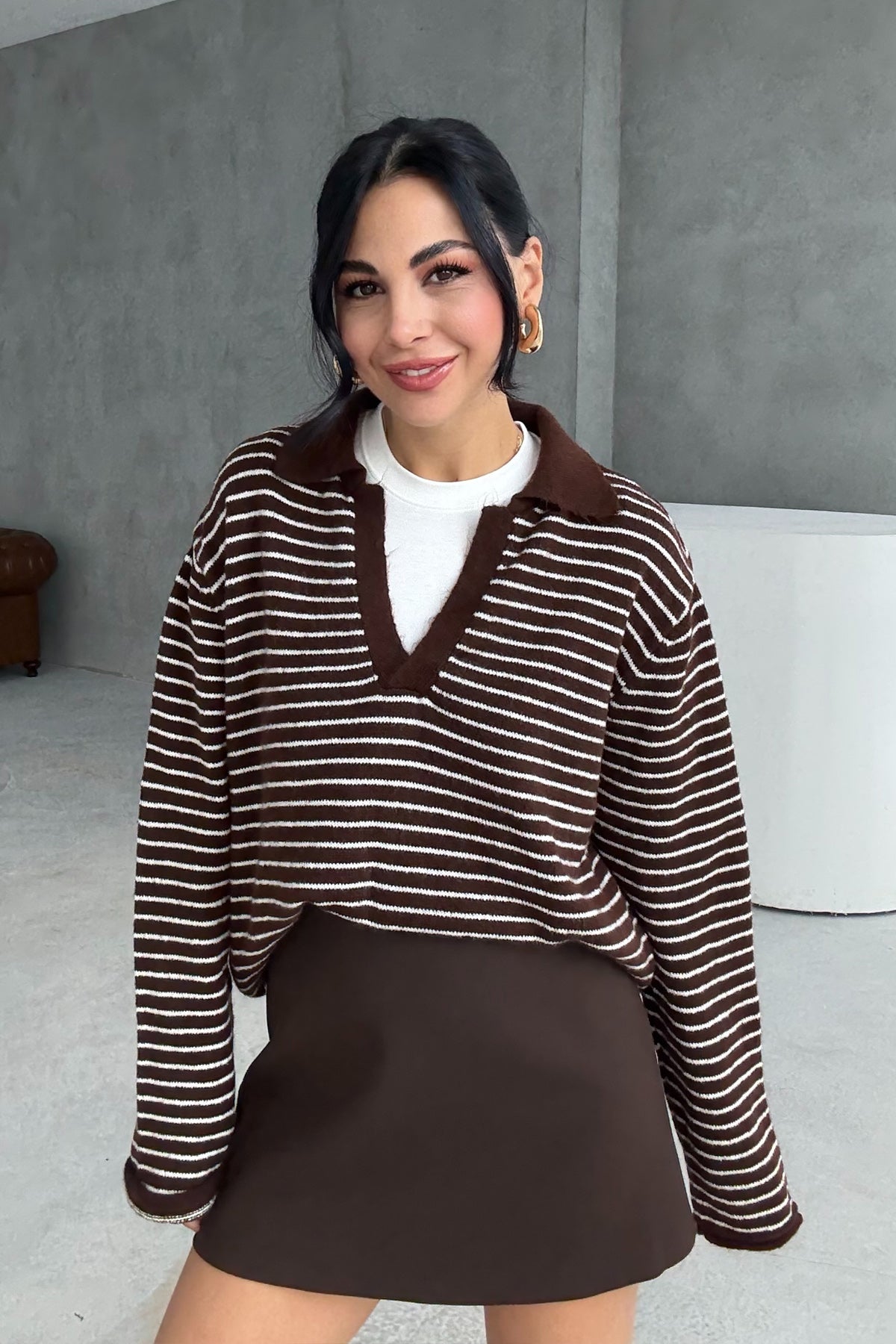 Kahve Çizgili Polo Yaka Triko Kazak SY-3415-Kahve