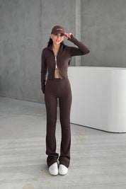 Kahve Lost Fermuarlı Sweatshirt Tayt Takım SY-3446-Kahve