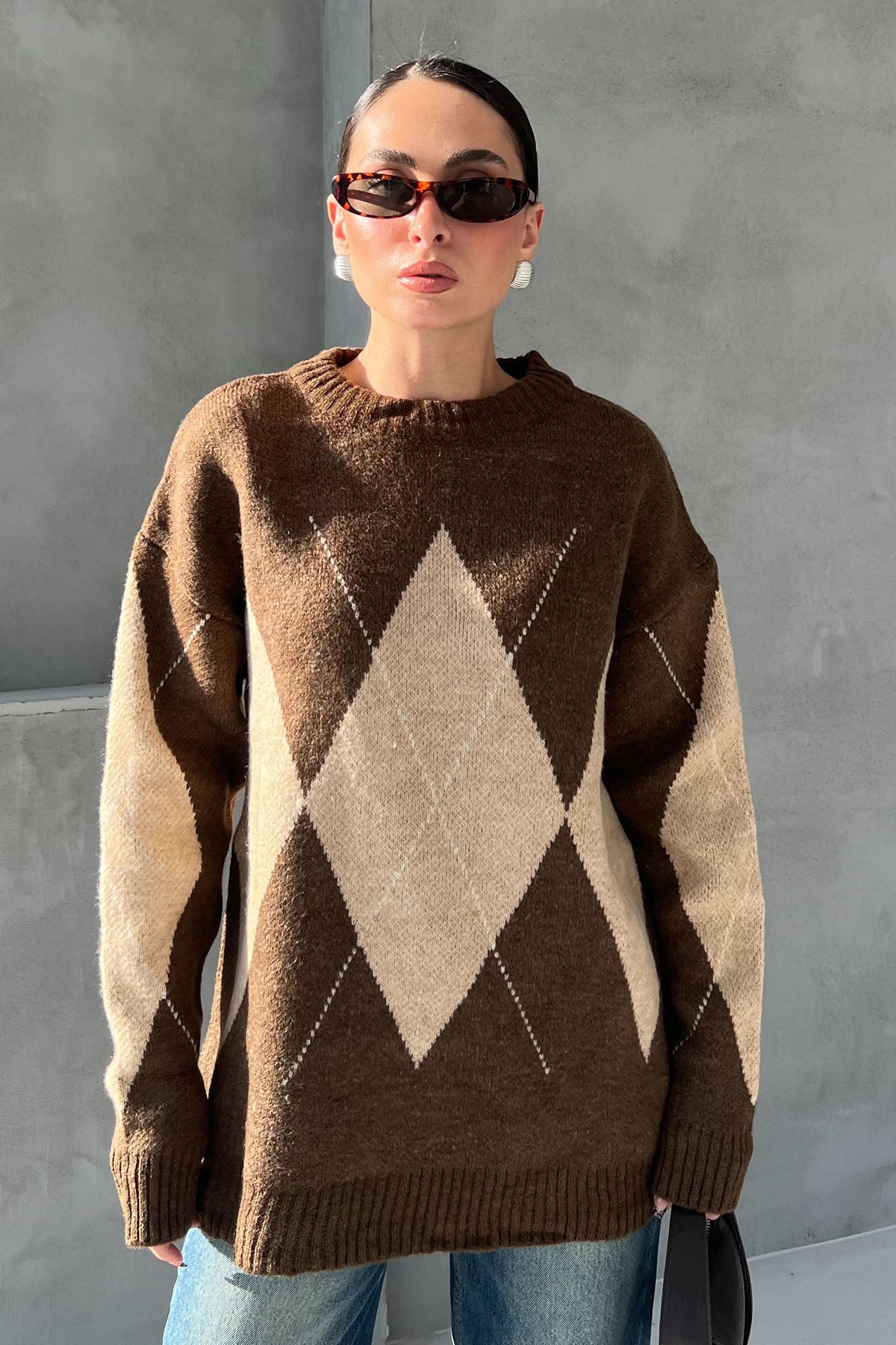 Açık Kahve Baklava Desenli Yakalı Kazak SY-1302-Açık Kahve