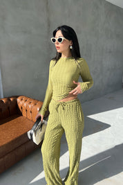 Fıstık Yeşili Rengi Dokulu Bahar Basic Rahat Takım SY-2953-Fıstık Yeşili