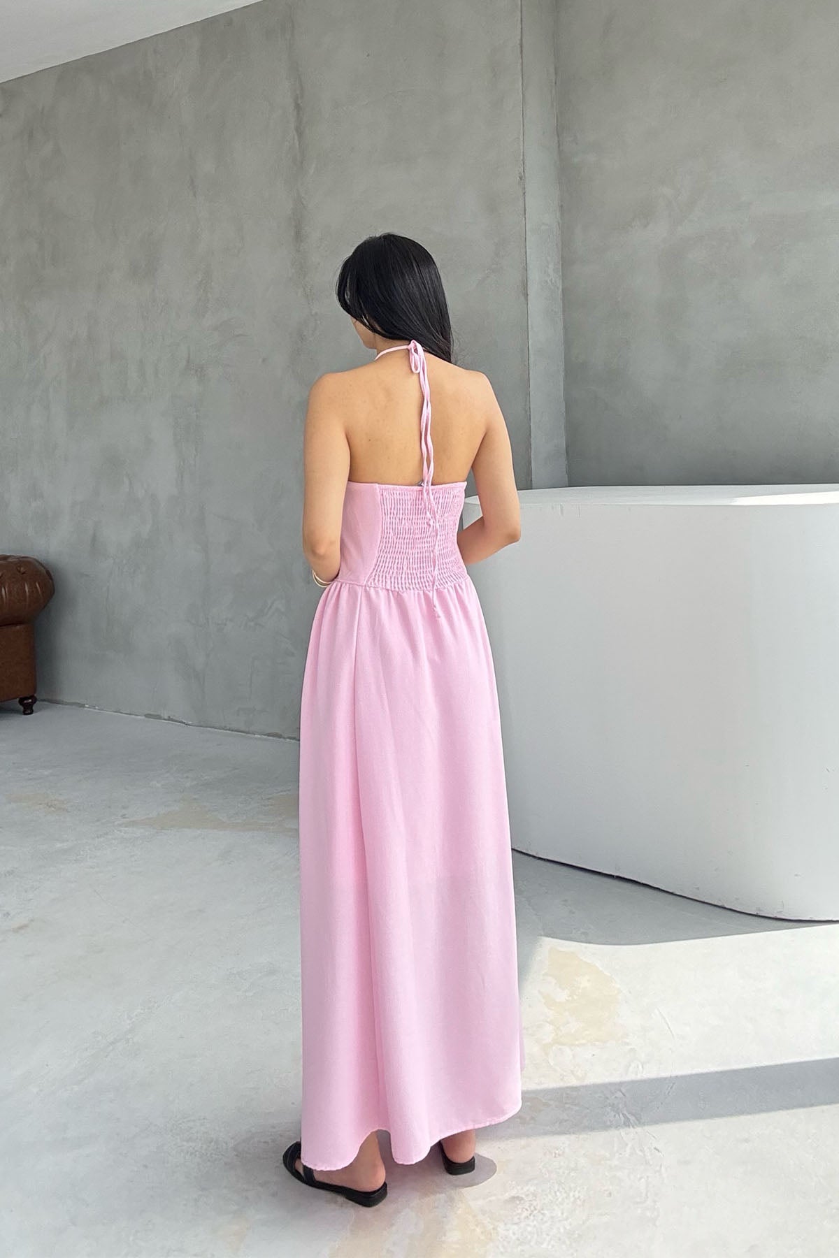 Pembe Arkası Gipeli Boyundan Bağlamalı Elbise SY-3236-Pembe