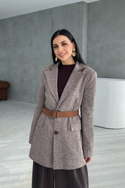 Vizon Kemerli Çift Düğmeli Oversize Ceket SY-3391-Vizon