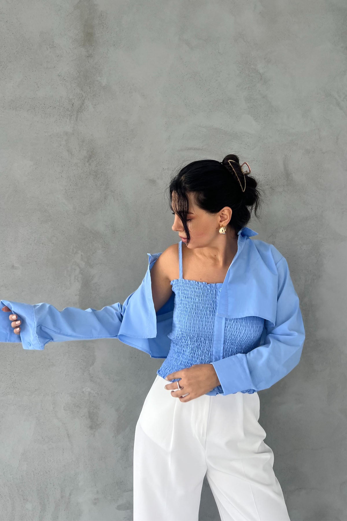 Mavi Gipeli Crop Gömlek Poplin Takım SY-2466-Mavi