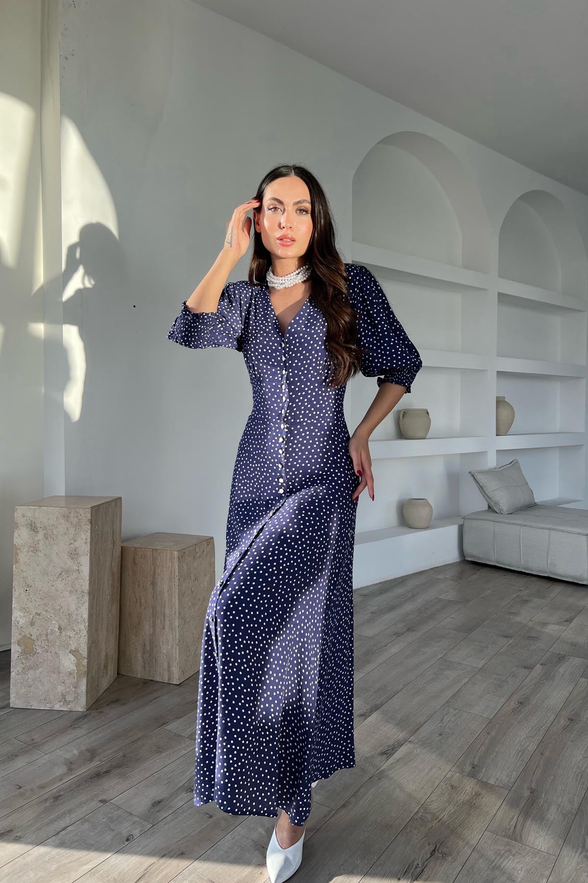 Lacivert Puantiyeli Arka Bel ve Kol Ucu Gipeli Elbise SY-1727-Lacivert