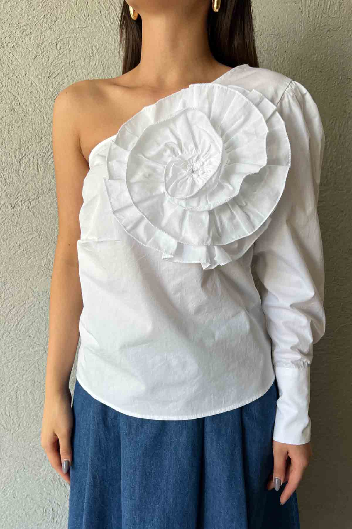 Beyaz Tek Omuz Özel Tasarım Gömlek SY-1736-Beyaz