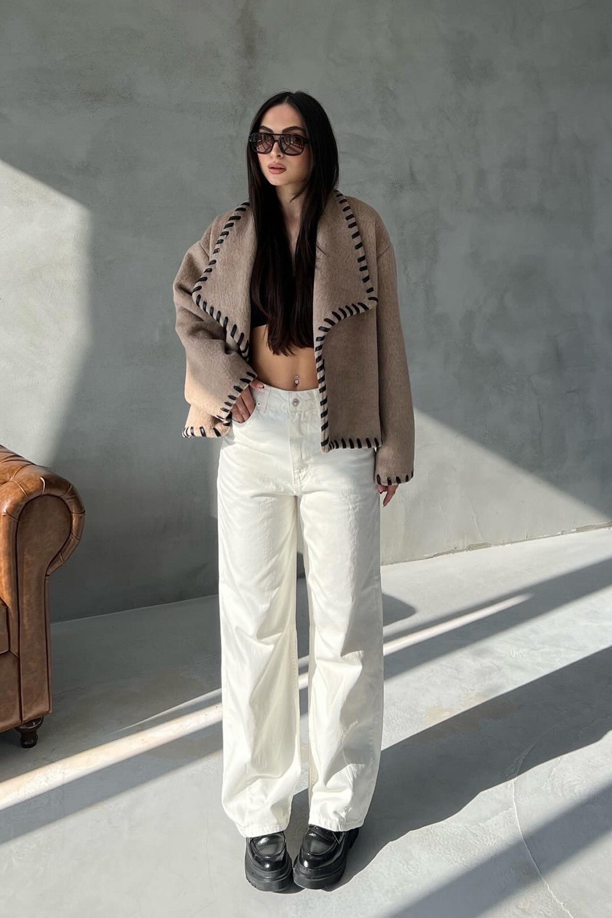 Bej Tasarım Kaşe Ceket Kaban SY-2720-Bej