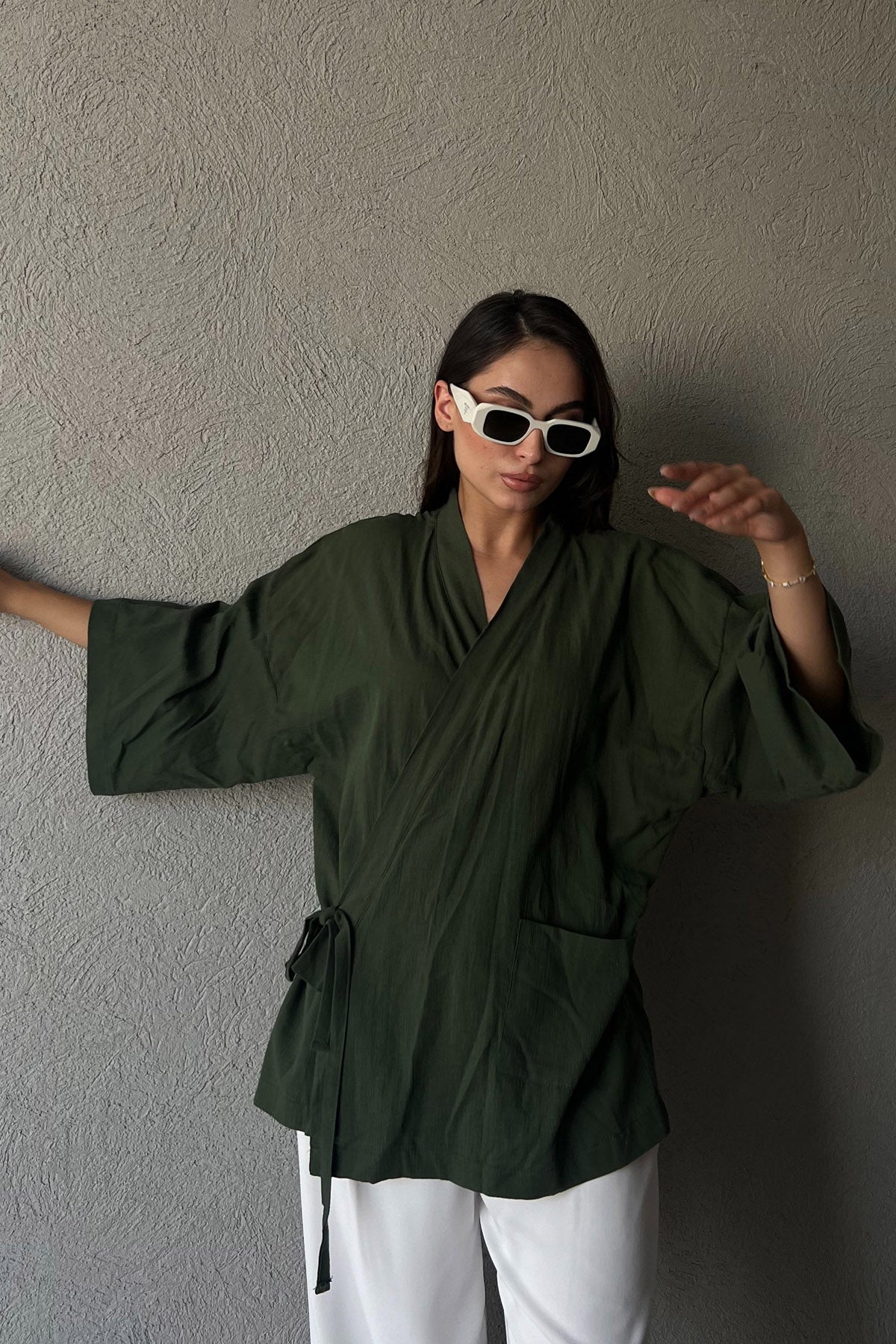 Haki Arkası Baskılı Bağlama Detaylı Keten Kimono SY-1613-Haki