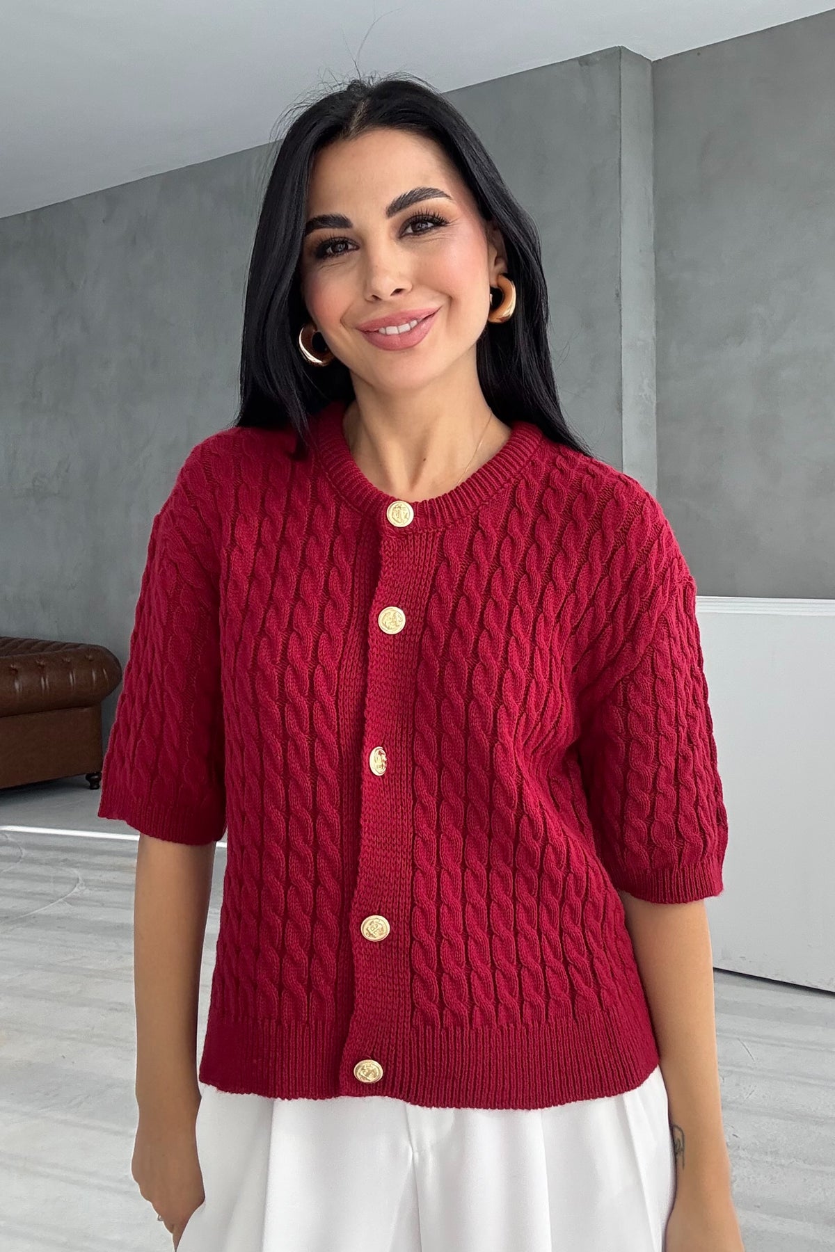 Bordo Gold Düğmeli Saç Örgülü Triko Hırka SY-3381-Bordo