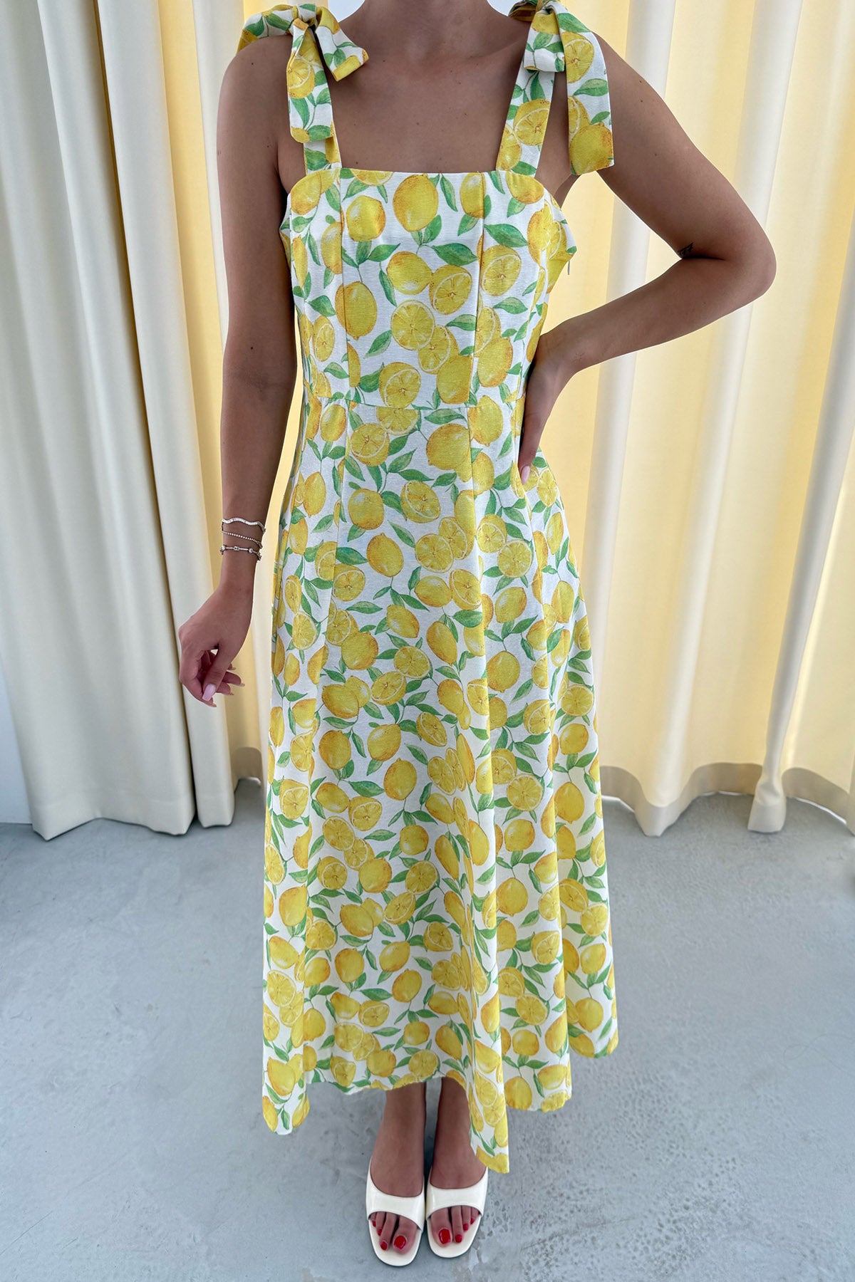 Limon Desenli Omuz Bağcıklı Elbise SY-3308-Limon