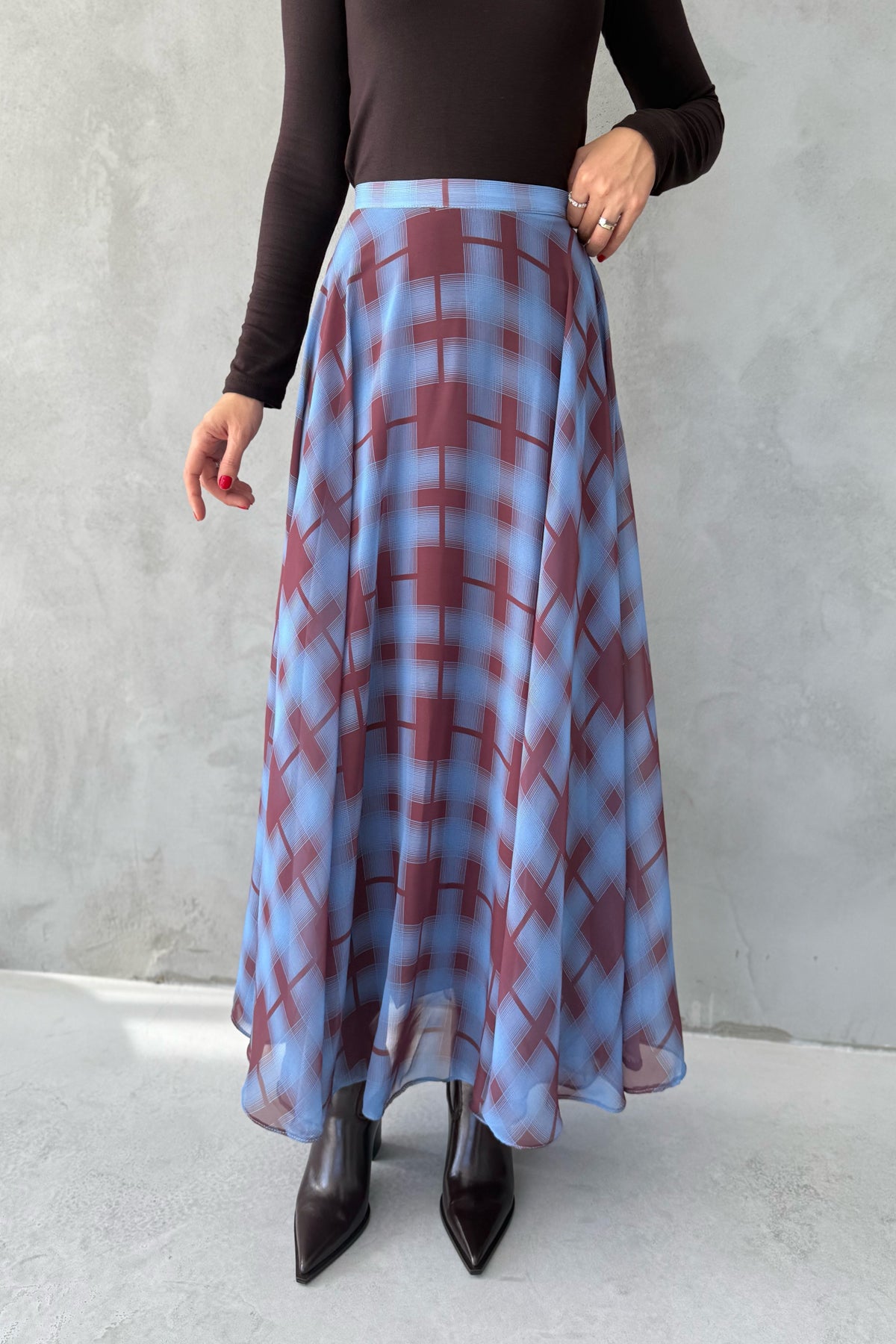 Mavi Ekose Desenli Şifon Etek SY-3443-Mavi