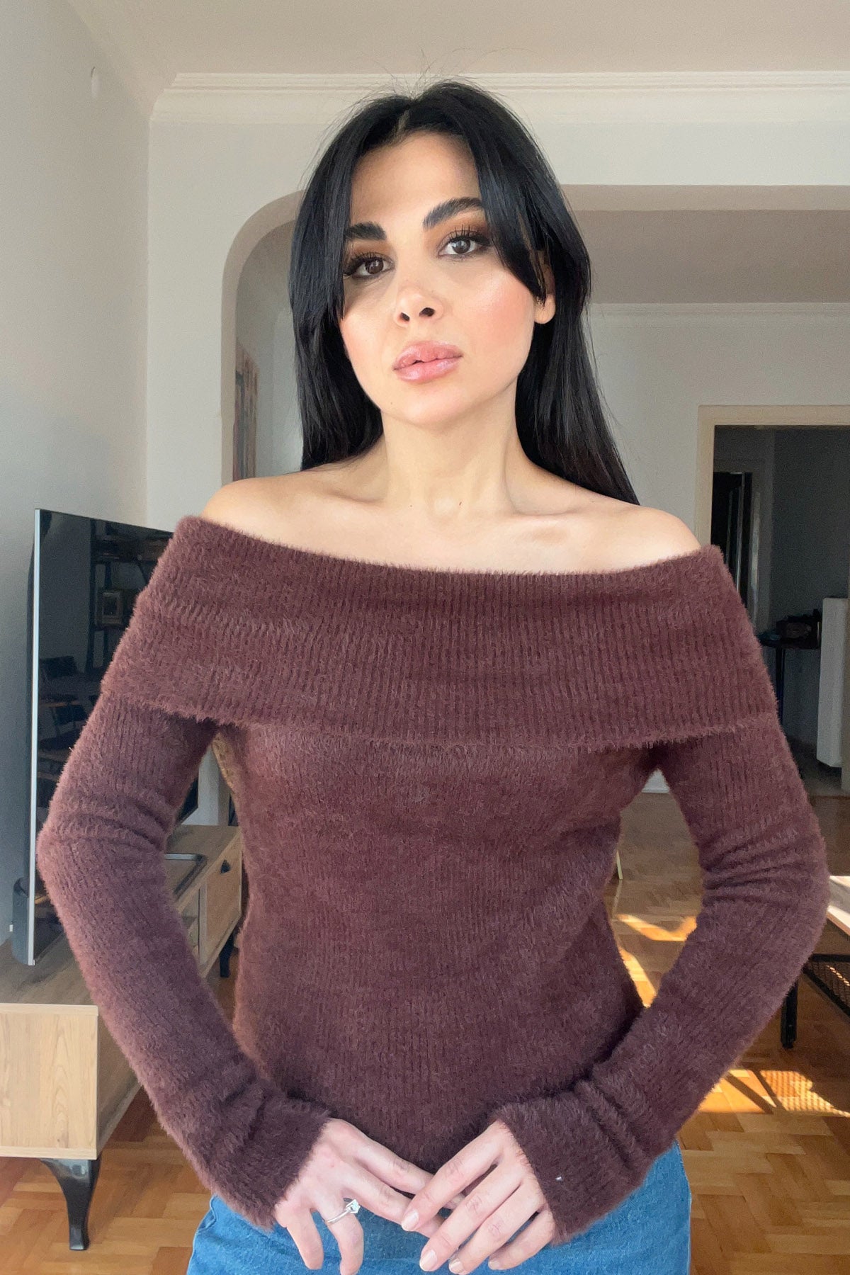 Kahve Madonna Yaka Yumoş Triko Kazak SY-2784-Kahve