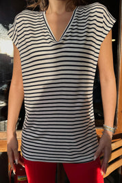 Lacivert Çizgili V Yaka Basic T-shirt SY-0250-Lacivert