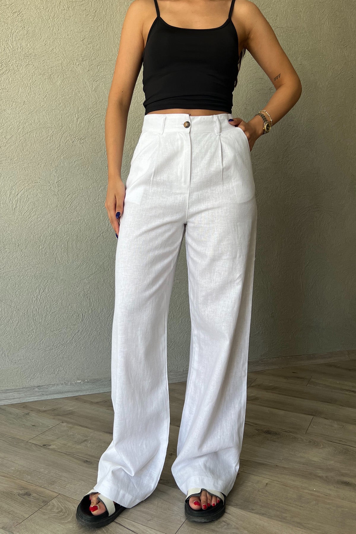 Beyaz Ham Keten Bol Paça Palazzo Pantolon SY-2238-Beyaz
