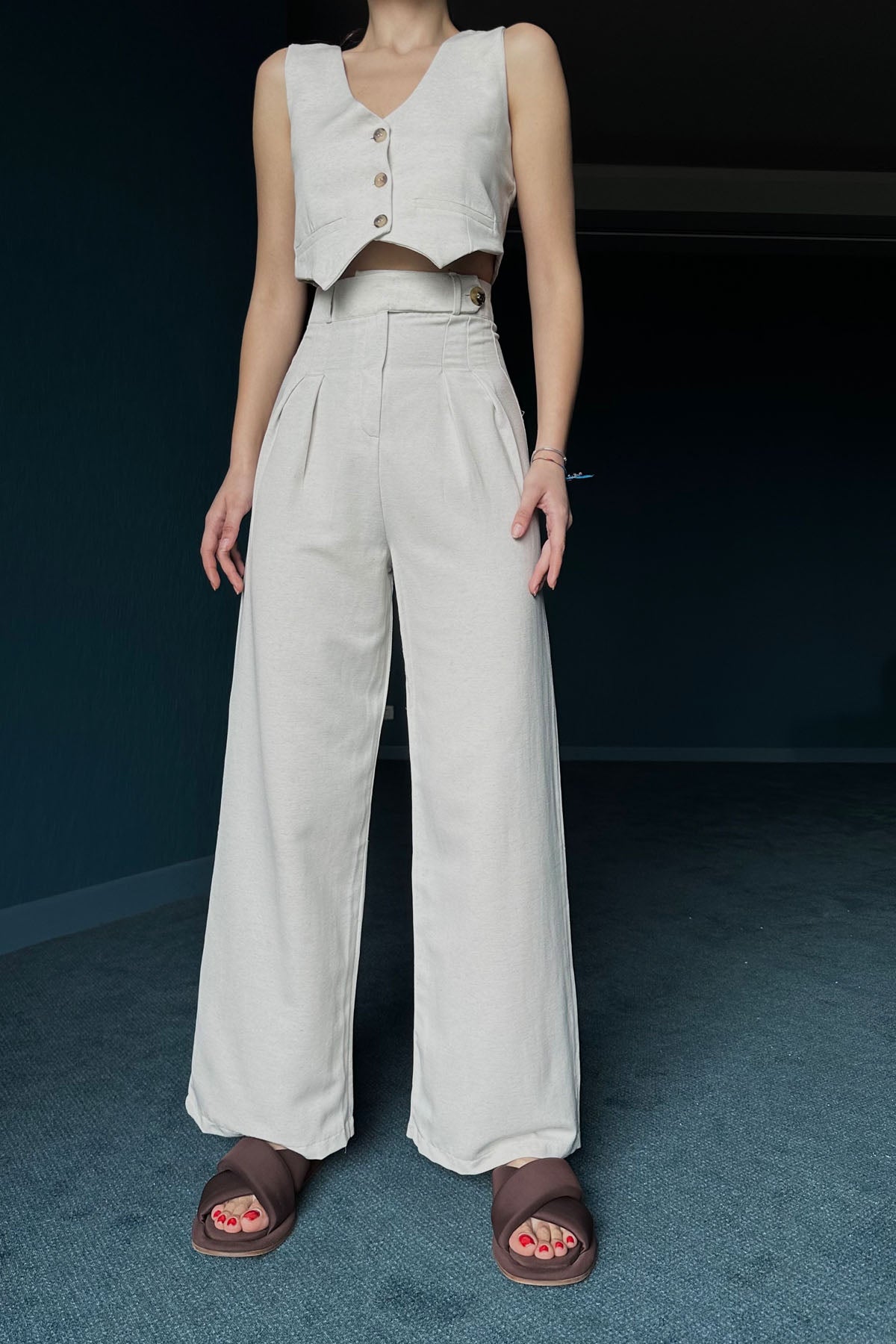 Bej Keten Yelek Pantolon Takım SY-0309-Bej