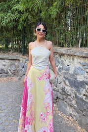 Pembe Renkli Positano Sırt Bağlamalı ve Çiçek Desenli Keten Elbise SY-2320-Pembe