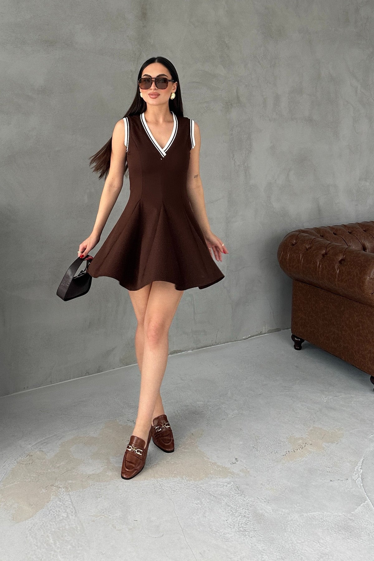 Kahve ZR Model Volanlı Mini Elbise SY-3030-Kahve