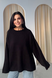 Siyah Bisiklet Yaka Oversize Pinterest Triko Kazak SY-3343-Siyah