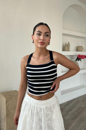 Lacivert Beyaz Çizgili Arkası Çapraz Askılı Triko Crop SY-1762-Lacivert