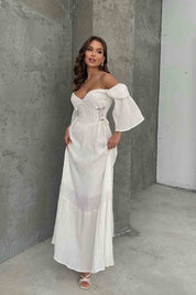 Beyaz Düşük Kol Balenli Gofre Kumaş Uzun Elbise SY-1779-Beyaz