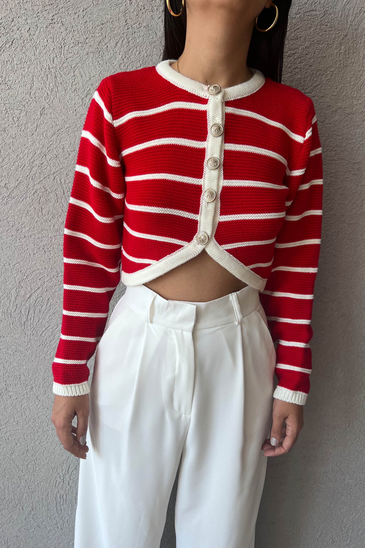 Kırmızı Düğmeli Asimetrik Çizgili Crop Hırka SY-1039-Kırmızı