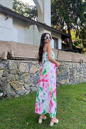 Pembe Çok Renkli Desenli İp Askılı Keten Elbise SY-2020-Pembe