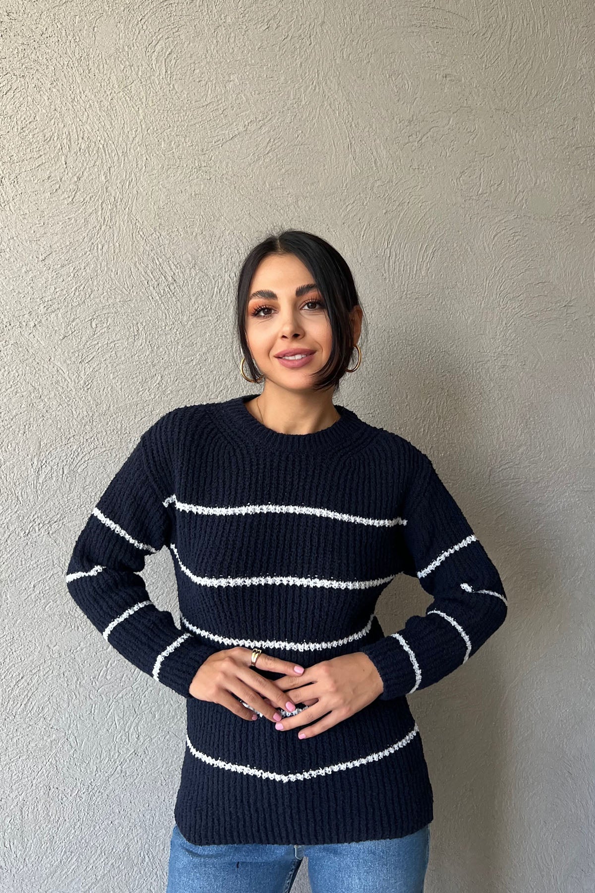 Lacivert Beyaz Çizgili Bisiklet Yaka Kazak SY-1150-Lacivert