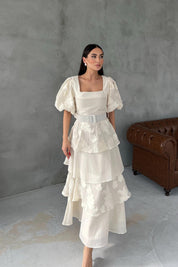 Bej Tasarım Kat Detaylı Pinterest Lipari Elbise (Kemersiz) SY-3375-Bej