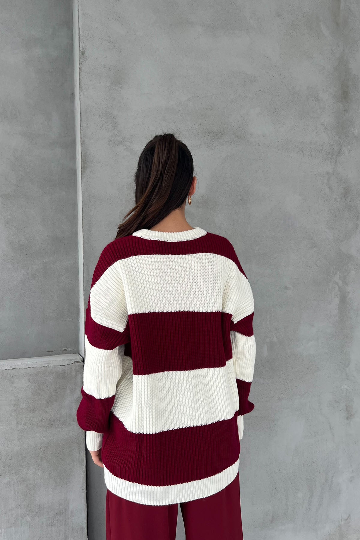 Bordo Penida Blok Renkli Oversize Kazak SY-2647-Bordo