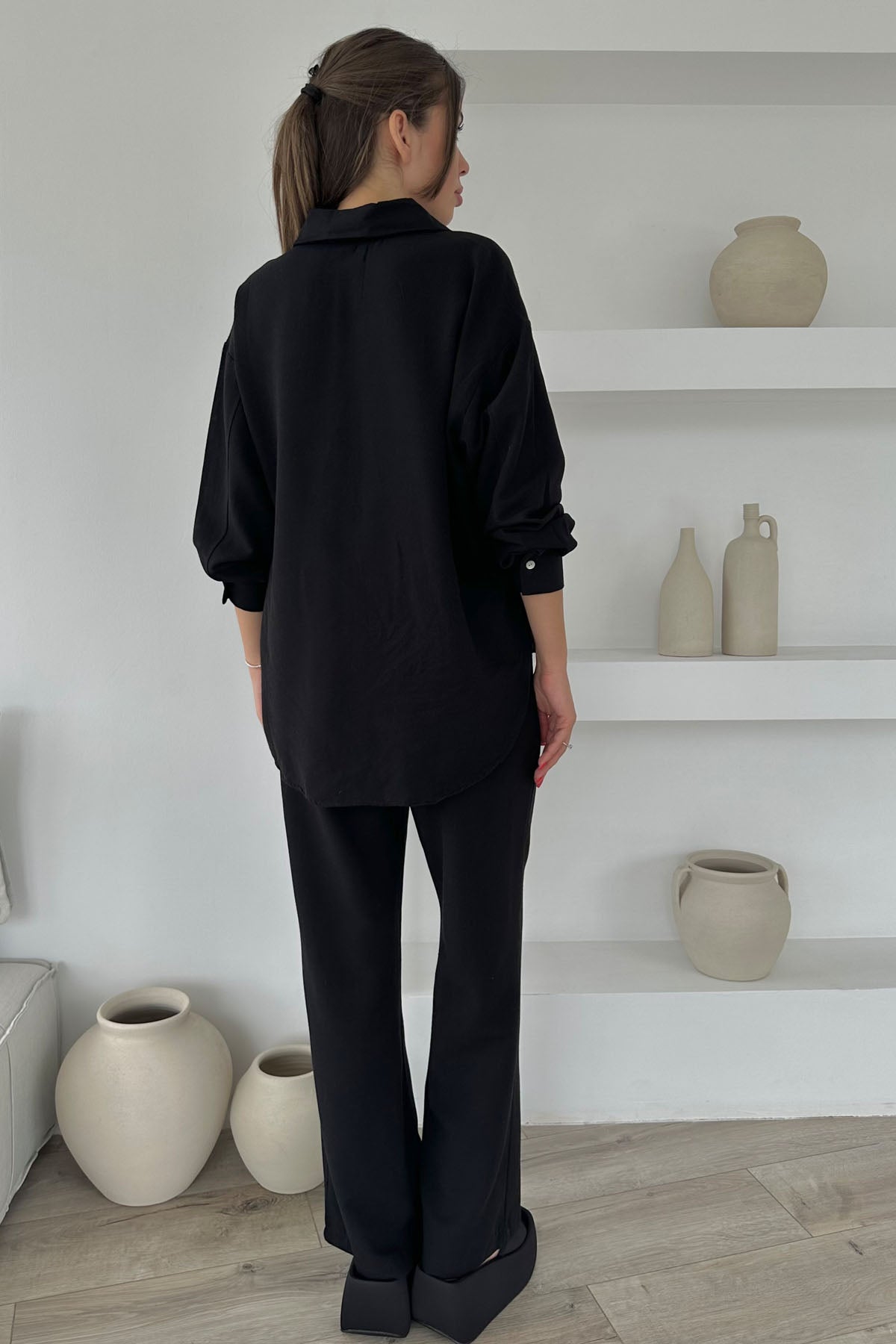 Siyah Belden Pens Dikişli Bol Paça Gömlekli Keten Takım SY-0357-Siyah