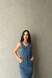 Açık Mavi Önü Düğmeli ve Yırtmaçlı Denim Elbise SY-0551-Açık Mavi