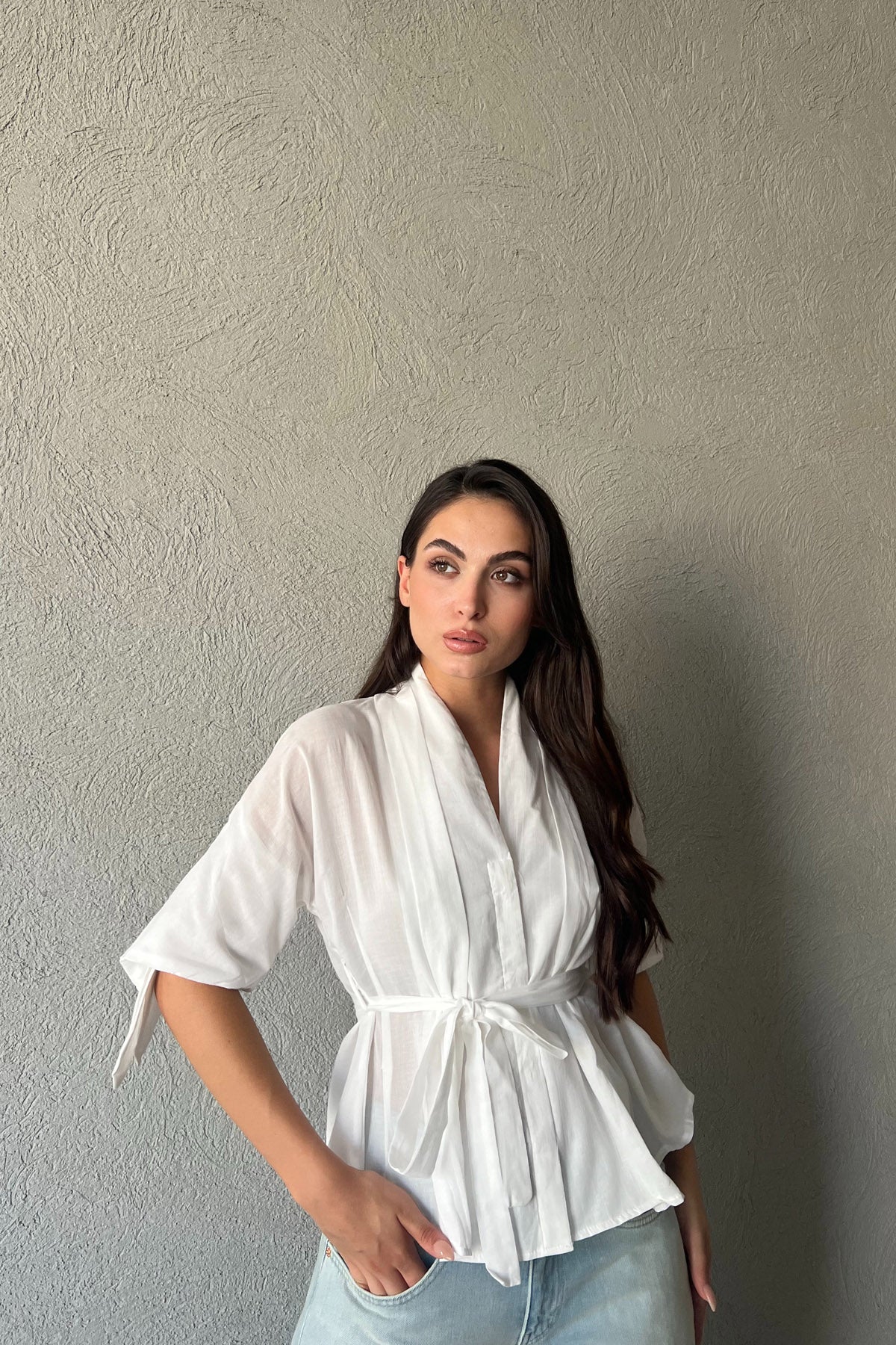 Beyaz Pens Detaylı Vual Kumaş Gömlek SY-2234-Beyaz