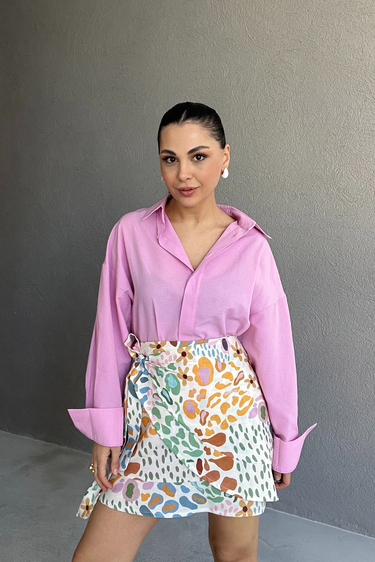 Dökümlü Oversize Pembe Gömlek SY-3062-Pembe