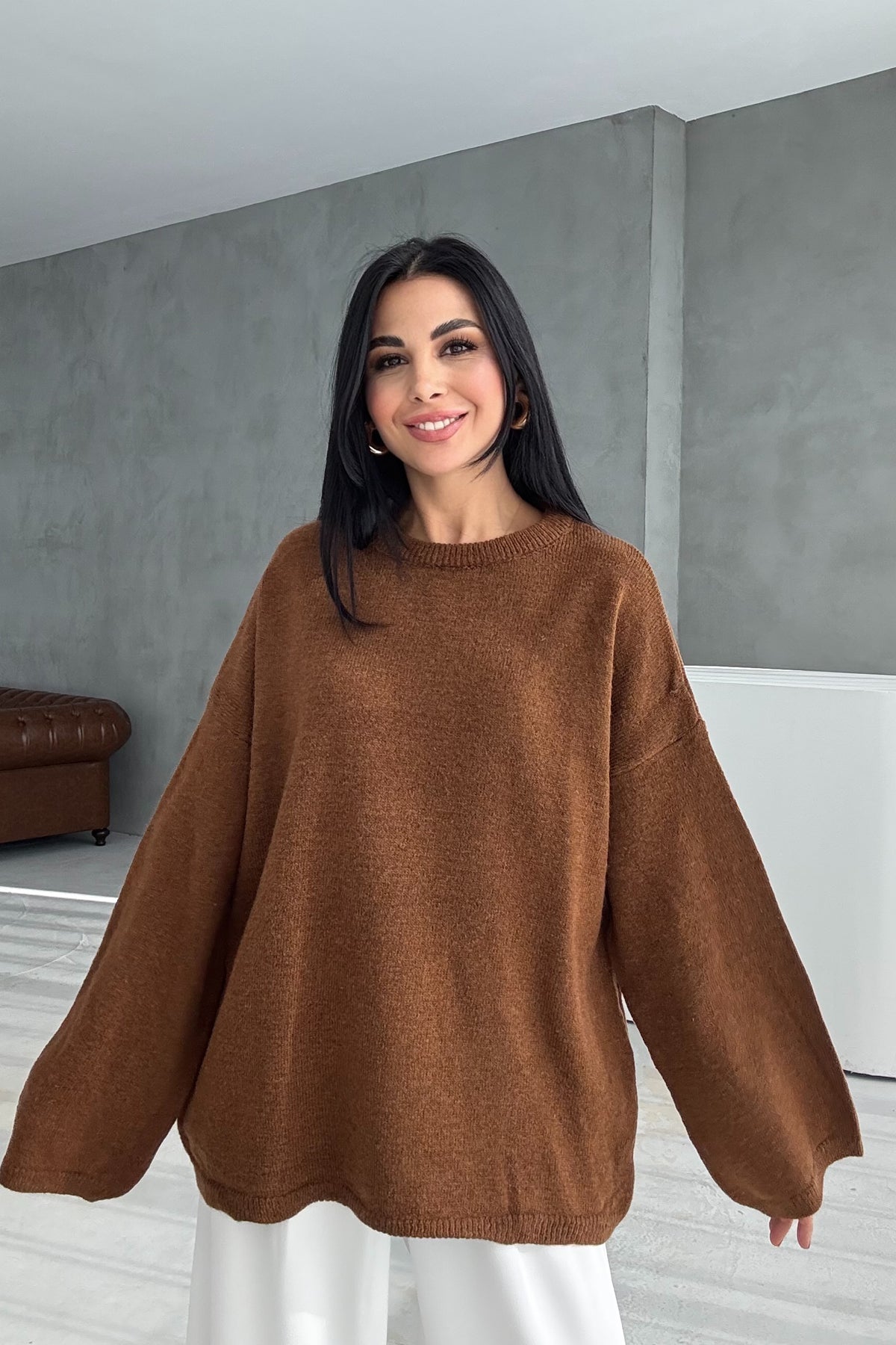 Kahve Bisiklet Yaka Oversize Pinterest Triko Kazak SY-3343-Kahve