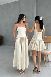 Bej Eteği Puantiyeli Straplez Uzun Elbise SY-3257-Bej