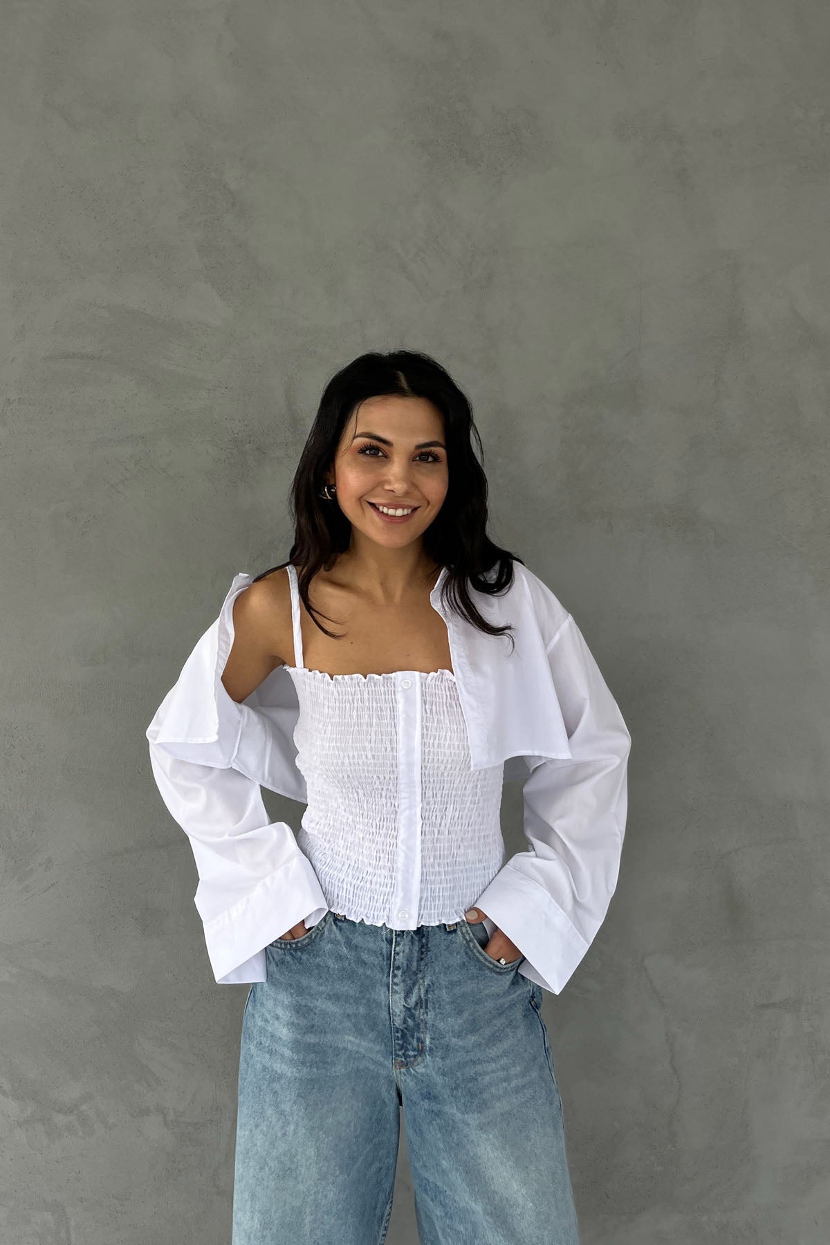 Beyaz Gipeli Crop Gömlek Poplin Takım SY-2466-Beyaz