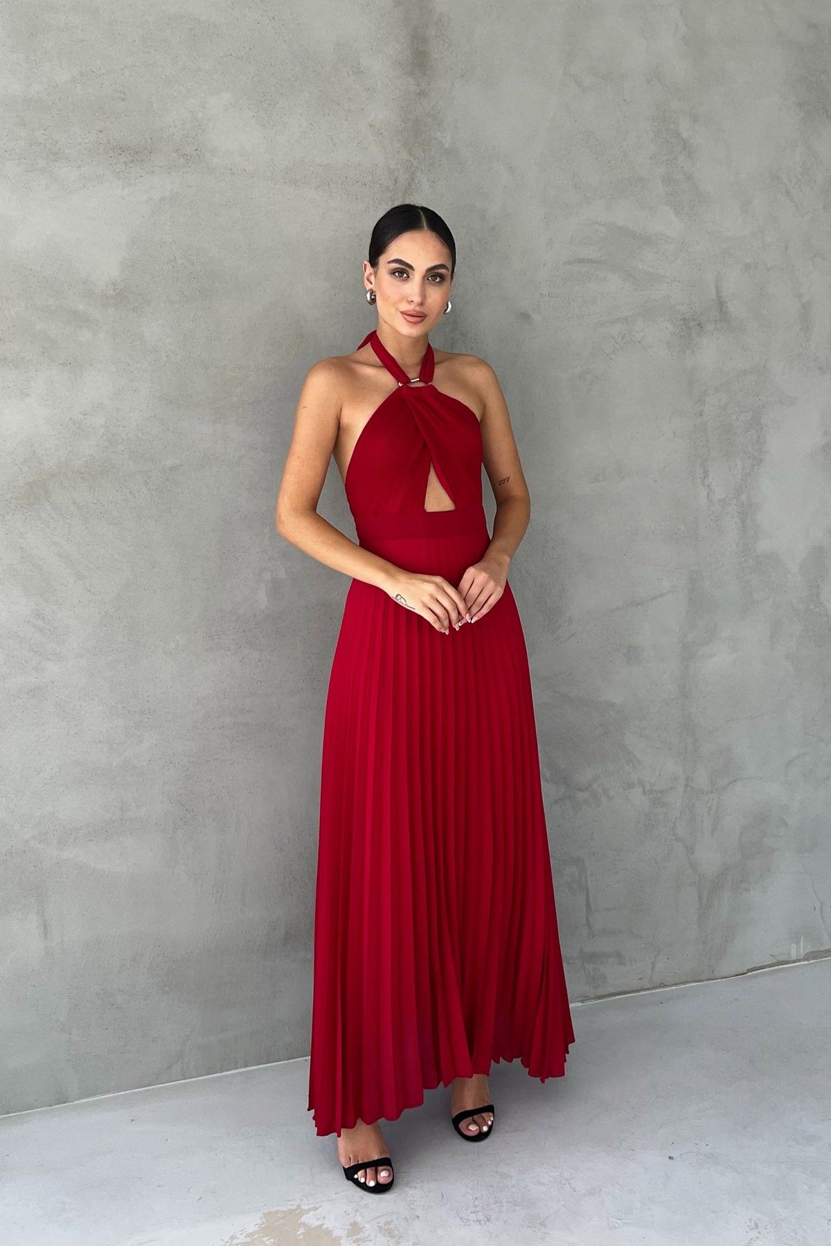 Kırmızı Piliseli Yaka Detaylı Elbise SY-2484-Kırmızı