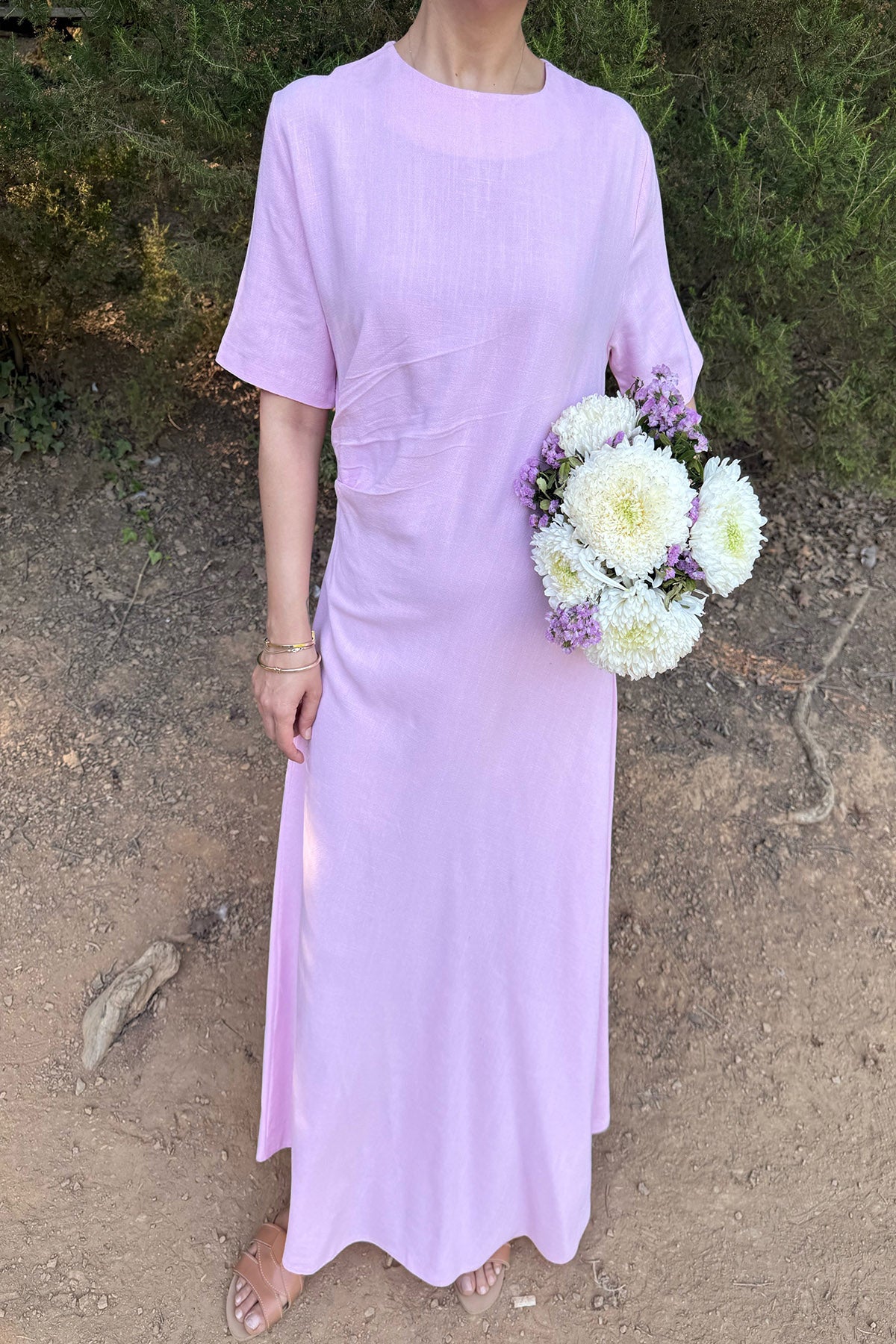 Pembe Bisiklet Yaka Pile Detaylı Elbise SY-2059-Pembe